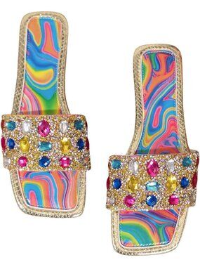 🆕Women's Colourful Rhinestone Rainbow Flat Sandals Sparkly Bling Slides Glitter
